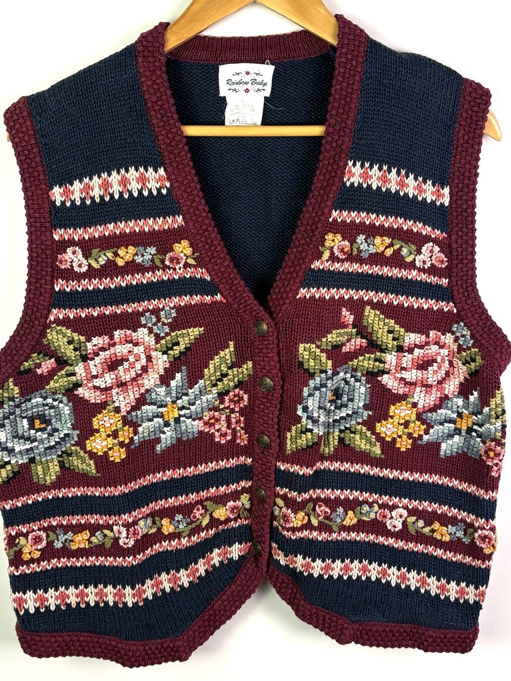 Vintage rainbow Bridge Floral Knit Vest - Burgundy/Navy size L